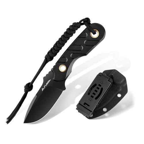 FLISSA Fixed Blade Knife, 7 Inch Full Tang Hunting Knife with Kydex Sheath and Emergency Rope, Tactical Knife for Survival, Camping, Hiking(Black) Black Aluminum