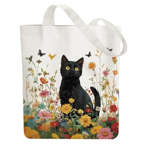 ANATTASOUL Bolsa de Tela Impresa Gato Negro En Flor, Tote Bag Tela Mujer,Shopper Algodón 38 * 40cm, Beige Bolsa de Transporte para Mujer, Saco Tote Bag de Lona Regalo con Cierre de Cremallera | Ya disponible en tu tienda friki favorita! En mundofriki.es!