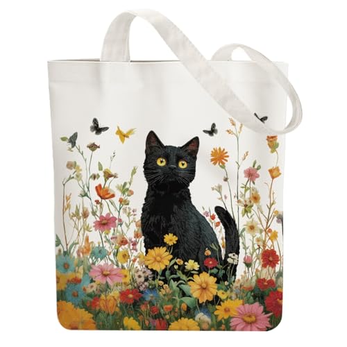 ANATTASOUL Bolsa de Tela Impresa Gato Negro En Flor, Tote Bag