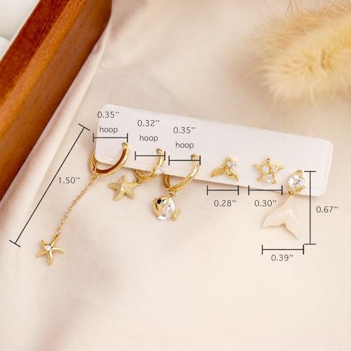 Sonateomber Gold Small Hoop Earrings Set for Women, Dainty CZ Rhinestone Pearl Star Starfish Moon Leaf Dangle Chain Stud Stacks Cartilage Beach Planet Earings Prom Fashion Jewelry Gift4
