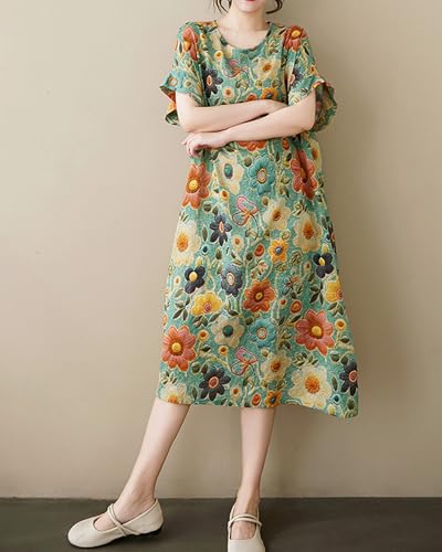 Image of LUZU JUNU Women's Summer Baggy Plus Size Loose Cotton Linen Long Boho Beach Dress with Pockets