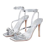 Elisabet Tang Women’s Crystal Stilettos Heeled Sandals, 4 Inch Square Open Toe Strappy Sexy High Heels Ankle Strap Buckle Heels for Party Wedding Dress Daily Wear Shoes Silver Size 7.5
