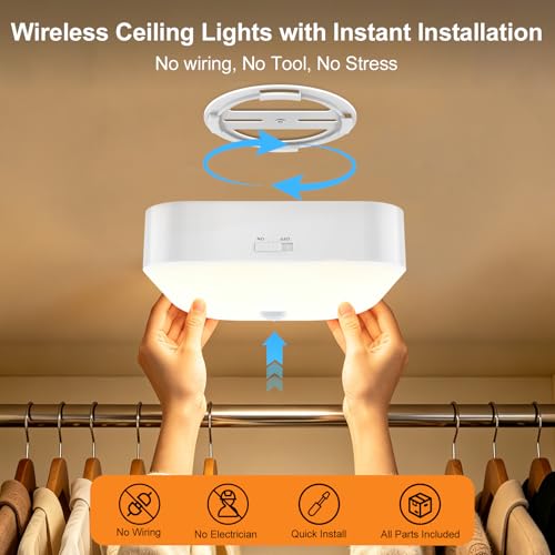 Image of Yunaking Rechargeable Ceiling Light with Motion Sensor: Battery Operated LED Closet Light with Remote & Timing - Wireless Dimmable Magnetic Mount Shower Lamp for Bathroom /Stairs /Garage /Hallway