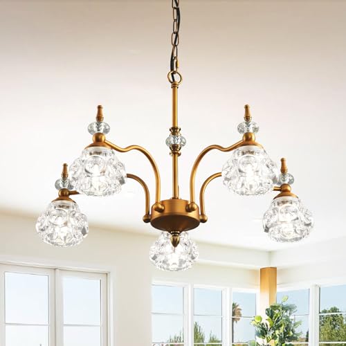 5-Light Vintage Gold Crystal Chandeliers for Dining Room, Antique Victorian Chandelier, Rustic Kitchen Island Light Fixtures, Modern Farmhouse Hanging Pendant Lights for Living Room, Bedroom, Foyer
