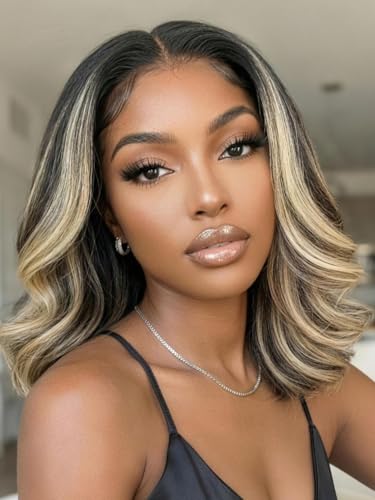 UNICE Bye Bye Slip Black to Blonde Layered Wavy Bob Wig Human Hair 12 Inch, 7x5 Glueless Lace Front Wig with Drawstring, Pre Plucked Pre Cut Lace Put on and Go Wig for Women