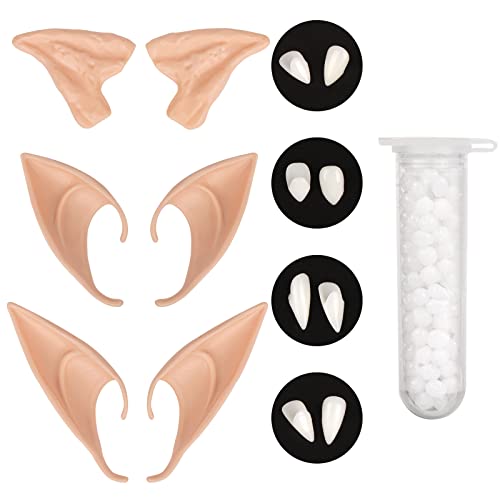 RUIOMII Vampirzähne Elfenohren Latex Spitze Ohren Halloween Dekoration Vampire Masquerade Karnevalsparty 4 Paar Vampir Zähne 3 Paar Unterschiedliche Stile Elf Ears 1 Rohr Zähne Pellets Klebstoff Cover