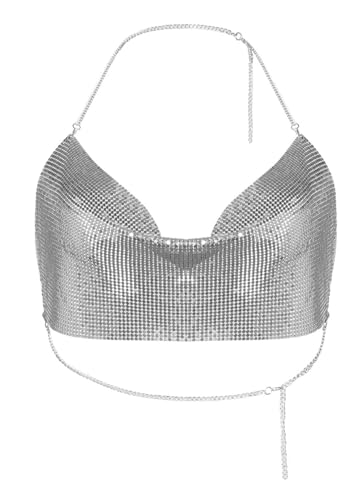 Women Shiny Metal Sequin Crop Top Sexy Halter Tank Top Camisole for Party Clubwear V-Neck Party Wear (Sliver)
