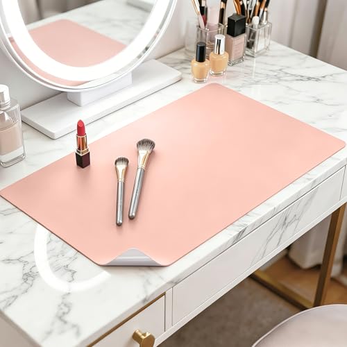 Image of LovePads Makeup Mat for Vanity, 14 x 24 Dual-Sided Desk Pad & Vanity Cover Top, Waterproof PVC Protector Mat for Dresser, Nail Art, Craft Table (Pink+Silver)