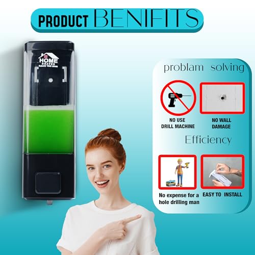 Image of 350ml Push-Button Soap Dispenser Adhesive Mount No-Drill Bathroom Kitchen Sink, ABS Plastic Liquid Sanitizer Shower Gel Hand Wash Dispenser for Wash Basin Dish Wash (Black, 1-Pack)