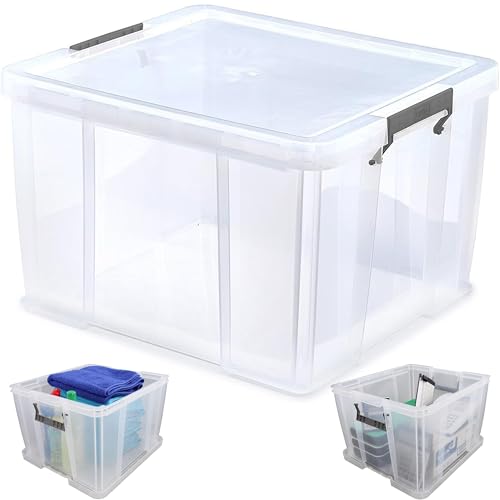 Image of Ploutos World Wide 48 Litre Heavy Duty Clear Plastic Storage Box with Secure Silver Clip Lock Lid – Large Stackable Storage Container with Lid for Home Organisation Clothes & Tool Storage (48L)