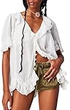 Womens Tie Front Ruffle Boho Top Flowy Sheer Short Sleeve Lace Blouses Y2k Embroidered Babydoll Button Down Eyelet Shirts Beach Fashion Going Out Tops White