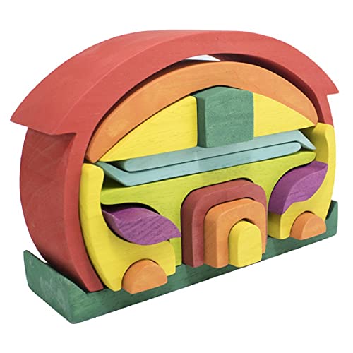 Bloques de construcción de Bloques de construcción casa de Madera Bloques de construcción de Madera Juguete de motricidad pedagogía de Bosque de Madera Natural Techo Redondo casa roja Cover