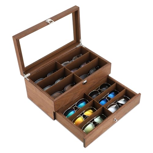 Baojulong Wooden Sunglasses Organizer Box, Eyewear Display Eyeglass Case for Men Women, Glasses Storage Box Sunglass Holder Gifts (12 Slots)