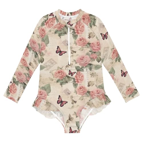 Vintage Paper Roses Butterfly Girls Long Sleeve Swimsuit UPF 50+ Rashguard Swimwear One Piece Bathing Suit 21215191