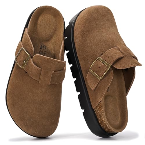 Project Cloud 100% Genuine Leather Platform Clogs for Women Footwear - Memory Foam Arch Support Cork Footbed Casual Shoes & Mules for Women 2026 (BentonChunky, CACAOSUEDE,11)