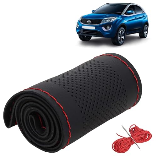 Image of KINGSWAY PU Leatherite Car Steering Cover Sewable Compatible with Tata Nexon (Year 2017-2019), Black Color with Red Thread, Pack of 1 with Sewing Needle and Thread