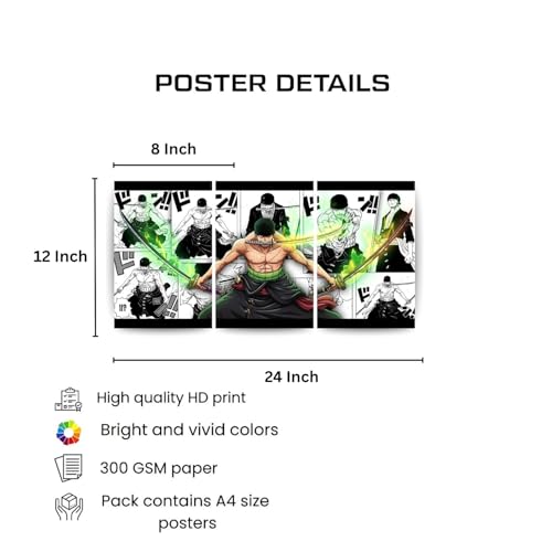 Image of One Piece Anime Manga Poster, One Piece Character Design Wall Poster 3 Panal - A4 Size, 300 GSM, Wall Decor Posters Wall Art For Bedroom, Living room, Office, Dining Room,No Frame (Zoro-6)