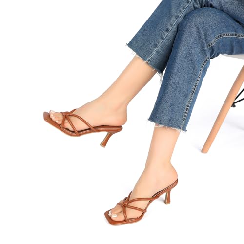 Image of Goderci Kitten Strappy Heels for Women Knotted Square Open Toe Slip On Mule Heels Mid Heeled Sandals