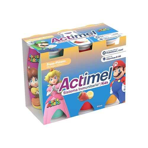 Actimel Kids Yogur bebible fresa platano- con probioticos, fermentos y vitaminas - Pack 6x100g