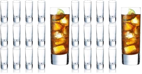 Image of Clear Heavy Base Shot Glasses 24 Pack, 2 oz Tall Glass Set for Whiskey, Tequila, Vodka