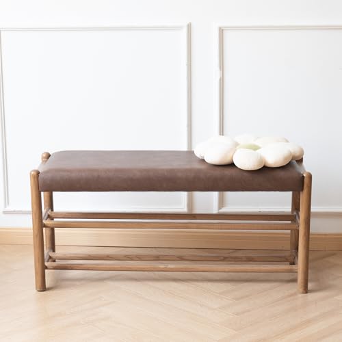 XINNAN Solid Wood Entryway Bench with Shoe Storage, Rustic Oak Wood and PU Leather 39.4 Inch Long Seating for Living and Dining Rooms, 3-Tier Brown