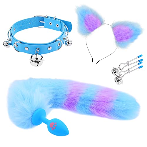 BDSMLOVE Analplug Paaren Cosplay mit Fuchsschwanz + Plüsch Katze Ohren Stirnbänder Haarschmuck,Nippelklemmen Klingel + Halsband Frauen Sex,Sexspielzeug für Paare extrem sex,Analspielzeuge Set (B)