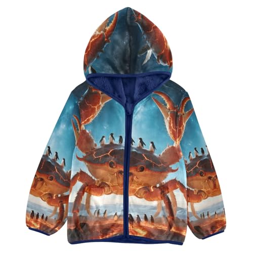 Giant Crab with Penguins Standing Toddler Fleece Jacket Girl Boys Hooded Fleece Jacket Coat Warm Outwear Zip-up 3-10T