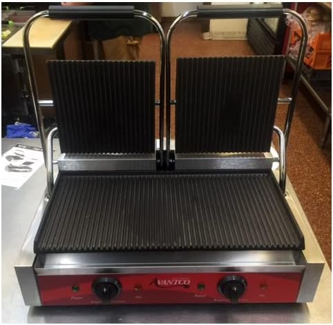P84 Double Commercial Panini Sandwich Grill with Grooved Plates - 18 3/16" x 9 1/16" Cooking Surface - 120V, 3500W