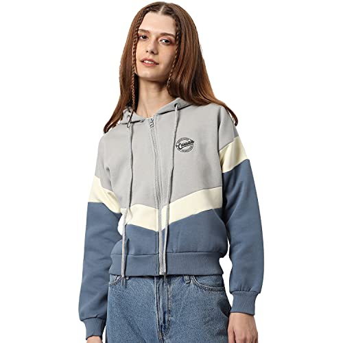 Image of Campus Sutra Women Grey Colour-Block Regular Fit Zipper Sweatshirt with Hoodie for Winter Wear | Full Sleeves | Cotton Sweatshirt | Casual Sweatshirt for Woman | Stylish Sweatshirt for Womens