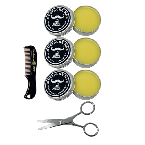 G.B.S Mustache Wax Extra Strong Hold Fragrance Free Inlcudes Handmade Mustache Comb and Trimming Scissors (3 Pack)