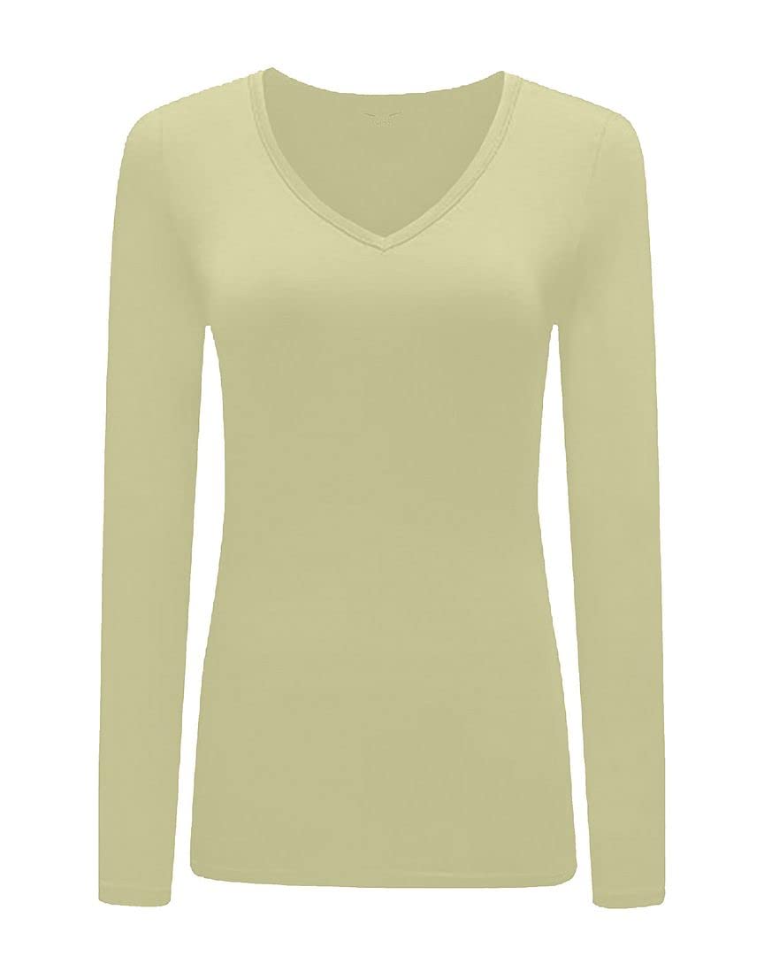KATSSI Women’s Ladies Long Sleeve Stretch Plain V Neck T Shirt Top Cream