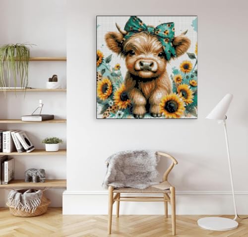 Image of Cow Stamped Cross Stitch Kits for Adults Beginner, Sunflowers Counted Cross Stitch Kits Printed Stitching Cute Patterns Dimensions Needlepoint Art Crafts Embroidery Kits for Adults Beginners
