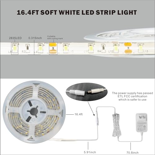 Tira LED blanca brillante 16.4 pies 6500K impermeable miniatura 7
