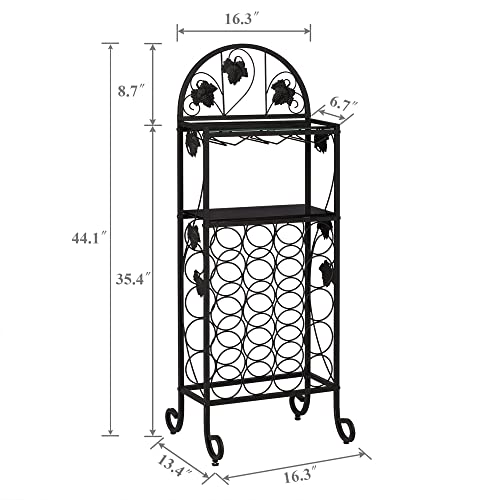 Vecelo Metal Wine Rack Hold 20 Bottles With Glasses Holder, Freestanding Floor Bar Storage & Display Shelf For Kitchen Dining Living Room, Black Glass Top #TOP1