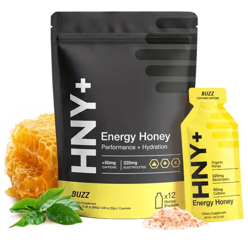 HNY+ Buzz Organic Honey Energy Gel with Electrolytes, 50mg Caffeine, 12ct
