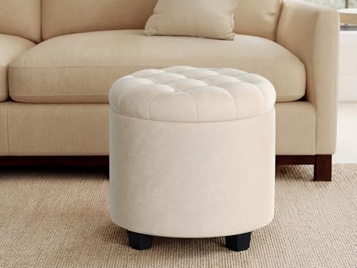 SONGMICS Round Ottoman, Ottoman with Storage, 17.7 x 17.7 x 17.5 Inches, Foot Rest with Legs, Velvet, Load up to 330 lb, for Living Room, Bedroom, Cream White ULOM012W01