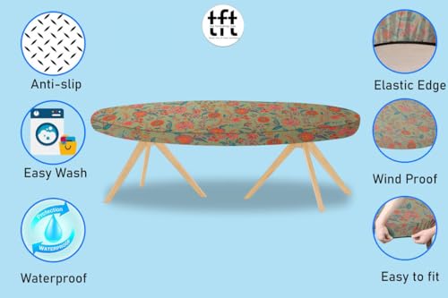 Image of The Furnishing Tree Elastic Cotton Oval Dining Table Cover 35x63 in Inches Floral Multicolor on Green Base