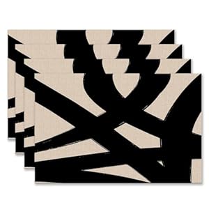 Abstract Boho Neutral Black and Beige Placemats Set of 4 12×18 Inch, Mid Century Modern Black Brushstroke Table Mats Washable Placemat for Home Party Kitchen Dining Room Decoration