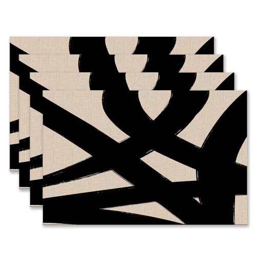 Abstract Boho Neutral Black and Beige Placemats Set of 4 12x18 Inch, Mid Century Modern Black Brushstroke Table Mats Washable Placemat for Home Party Kitchen Dining Room Decoration