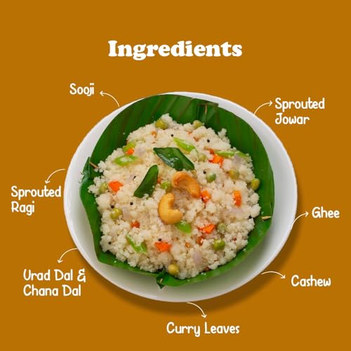 Gladful Sprouted Millet Instant Ghee Upma Mix - No Palm Oil, Trans Fat & Maida - Made with Jawar, Ragi and Suji/Rawa, Ghee & Cashew - Multigrain Protein Breakfast Healthy Snack - Pack of 6 (60g each)
