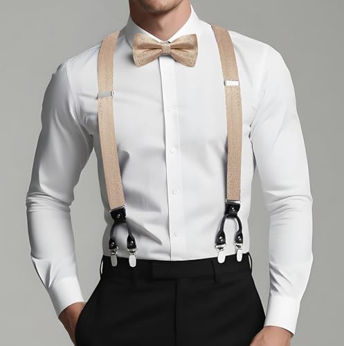 Image of Dubulle Suspender and Bow Tie for Men Paisley Solid Mens Suit Braces Pretied Bowtie and Handkerchief Cufflinks Formal Wedding