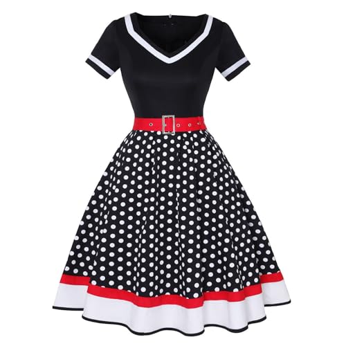 Rockabilly Kleider Petticoat Kleid 50er Jahre Mode Vintage Rockabilly Kostüm Damen Kurzarm Polka Dot Swing Coctailkleid Hochzeit Festlich Knielang...