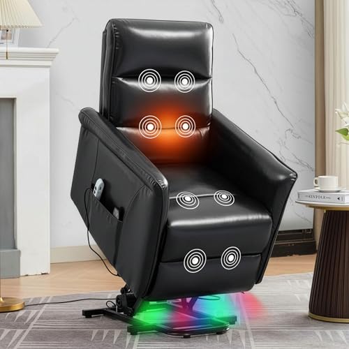 MANBUR Power Lift Recliner for Elderly with Vibration Massage and Lumbar Heat, Electric PU Leather Lift Chair, Adjustable Reclining Chair with Side Pockets,LED Light,USB Port for Small Space(Black)