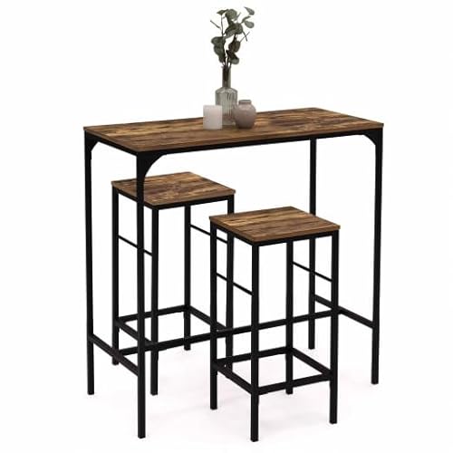 IDMarket Dayton – Conjunto de mesa alta de bar 95 cm y 2 taburetes efecto envejecido, diseño industrial