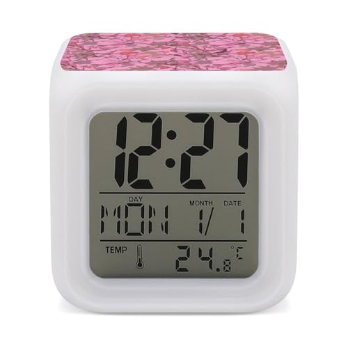 Reloj despertador impreso de hojas rosas con luz de noche multicolor para dormitorios juveniles 2