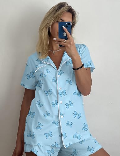 Image of Ekouaer Pajamas Set for Women Short Sleeve Sleepwear Button Down Pjs Soft 2 Piece Lounge Sets XS-XXXL