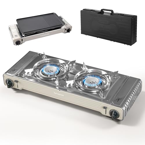 Gaskocher 2-flammig, Campingkocher mit Grillplatte (53x28 cm), Gasherd mit Tragekoffer und Piezozündung, Doppelgaskocher für Gaskartuschen 227g, Outdoor Campingkocher, 2x2,2 kW Leistung