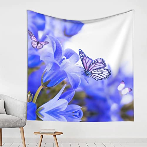 Tapisserie murale imprimé papillons colorés et fleurs campanules pour déco de dortoir