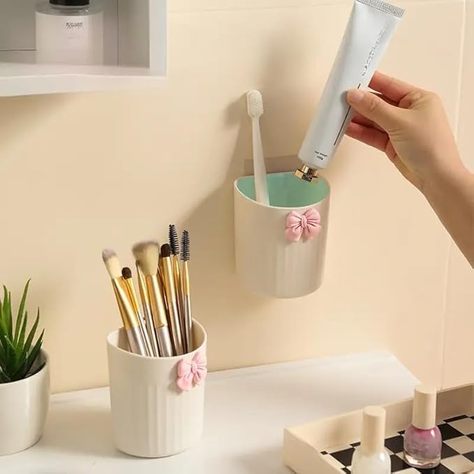 Image of Wall Mounta Esthetic Makeup Organizer | Modern Plastic Cosmetic Storage| Lightweight Bathroom Accessory Holder for Brushes, Tubes Pack of 01 (Cream)