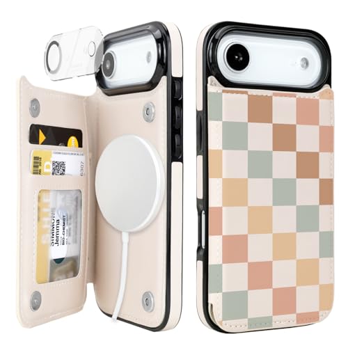uCOLOR for iPhone 17 Air Wallet Case Magsafe with Card Holder SlotCompatible with MagSafe Folio Flip PU Leather Double Magnetic RFID Design with Camera Lens Protector 6.5 (Pastel Check Vibes)
